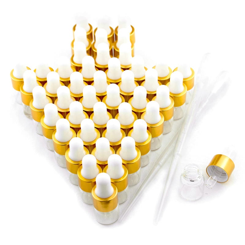Easeen Sample Dropper Bottles, Mini Dropper Bottles with 2 Pcs Plastic Droppers for Traveling Essential Oils DIY Cosmetic Liquid Sample Perfume (Gold, 1ML) - Image 1